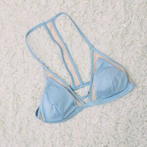 PINK Victoria's Secret Swim Bikini Top Small Blue Mesh Trim T Back Triangle